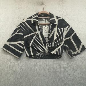 Zara Crop Shirt Womens Small Black White Geo Print Collared Wrap Top New Cotton